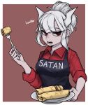  1girl absurdres apron black_apron border brown_background collared_shirt food fork helltaker highres holding holding_fork horns long_sleeves looking_at_viewer lucifer_(helltaker) mole mole_under_eye open_mouth pancake ponytail pzkpfwi red_eyes red_shirt shirt simple_background solo upper_body white_border white_hair wing_collar 