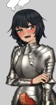  1girl absurdres andou_(girls_und_panzer) armor black_hair blush breastplate codpiece cuirass elbow_pads embarrassed faulds gauntlets girls_und_panzer gorget grey_background grey_eyes highres knight looking_away open_mouth pauldrons plate_armor pzkpfwi short_hair shoulder_armor simple_background single_gauntlet solo translation_request upper_body vambraces 