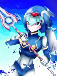  1girl ;) android blood blood_on_face blue_background blue_eyes breasts closed_mouth gloves helmet holding holding_polearm holding_weapon leviathan_(mega_man) looking_at_viewer mega_man_(series) mega_man_zero one_eye_closed polearm smile spear user_grpj2832 water water_drop watermark weapon white_gloves 