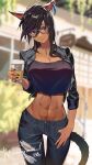  abs absurdres animal_ears avatar_(ff14) black_hair black_jacket breasts cat_ears cat_girl cat_tail cleavage closed_mouth commentary commission crop_top crop_top_overhang cropped_jacket cup denim earrings final_fantasy final_fantasy_xiv glasses hand_in_pocket head_tilt highres holding holding_cup ibaraki_shun jacket jeans jewelry large_breasts long_hair midriff navel necklace open_clothes open_jacket original outdoors pants purple_eyes skeb_commission sleeves_rolled_up smile stomach styrofoam tail toned torn_clothes torn_jeans torn_pants 