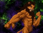  2022 absurd_res anthro anthrofied beard black_hair black_mane chibikoma digital_drawing_(artwork) digital_media_(artwork) disney disney_mirrorverse facial_hair felid fingers fur hair half-length_portrait hi_res lion male mammal mane markings muscular muscular_anthro muscular_male nude open_mouth orange_body orange_fur pantherine pecs portrait power scar_(the_lion_king) shadow solo tail the_lion_king yellow_sclera 