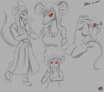  4_toes anthro barefoot blush blush_lines breasts cleavage clothed clothing coat feet female grey_background hair hi_res kneeling long_hair long_tail mammal murid murine nervous rat red_eyes rodent ruby_(word360) shirt shy simple_background smile solo tail toes topwear trenchcoat undressing word360 