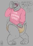 anthro bear blush bodily_fluids bottlebear clothing dialogue diaper english_text feces genital_fluids hi_res humiliation male mammal messy_diaper scat soiling solo sweater text topwear urine wet_diaper wetting 