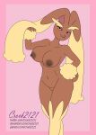  absurd_res anthro big_breasts breasts crock2121 female generation_4_pokemon hand_on_hip hi_res lopunny navel nintendo pink_background pink_eyes pokemon pokemon_(species) simple_background smug solo text url 