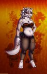  2023 absurd_res anthro belly big_breasts bottomwear breasts canid canine canis clothing digital_media_(artwork) ear_piercing ear_ring female fur hair hi_res leggings legwear licking licking_lips mammal multicolored_body multicolored_fur navel piercing raili_talopo red_eyes ring_piercing skirt slightly_chubby slightly_chubby_anthro slightly_chubby_female solo tongue tongue_out topwear two_tone_body two_tone_fur viroveteruscy wolf world_gates yellow_sclera 