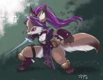  anthro canid canine caravan_stories clothed clothing female fox hair j-fujita mammal melee_weapon ninja ninja_suit purple_hair solo sword warrior weapon 