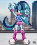 accessory anthro blue_body blue_hair blue_skin bottomwear bracalets clothing equestria_girls equid equine fan_character female footwear friendship_is_magic hair hair_accessory hasbro hi_res horse mammal markings my_little_pony one_eye_closed pattern_background pony ponytail ring_(marking) ringtail sega shoes simple_background sirjzau skirt sky smile solo sonata_dusk_(eg) sonic_the_hedgehog_(series) tail tail_markings 
