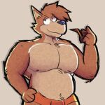  1:1 2023 anthro belly brown_body brown_fur brown_hair canid canine canis clothed clothing domestic_dog fur hair hand_on_hip hi_res janjauwu looking_at_viewer male mammal musclegut muscular muscular_male navel nipples pecs sherlock_hound sherlock_hound_(series) simple_background slightly_chubby smile smoking_pipe solo tan_background tan_body tan_fur topless underwear 