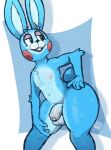  2023 anthro balls blue_body blue_fur bodily_fluids buckteeth digital_media_(artwork) eyelashes eyelids eyeshadow fingers five_nights_at_freddy&#039;s five_nights_at_freddy&#039;s_2 fur genitals girly half-closed_eyes hand_on_hip lagomorph leporid makeup male mammal narrowed_eyes nude pear-shaped_figure rabbit red_cheeks scottgames sharkysocks short_tail solo sweat tail teapot_(body_type) teeth thick_thighs toy_bonnie_(fnaf) wide_hips 
