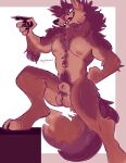  absurd_res animal_genitalia anthro balls brown_body brown_fur fangs fully_sheathed fur fuzzy genitals gesture gothcred hi_res male muscular muscular_male nude pointing sheath simple_background smile solo standing teeth 