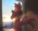  2023 5_fingers anthro canid canine day detailed_background digital_media_(artwork) eyebrows eyelashes eyes_closed fingers fox koul male mammal nude outside sky solo standing 