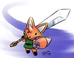  ambiguous_gender big_ears canid canine clothed clothing fox j-fujita mammal melee_weapon ruin_seeker shield solo sword tunic tunic_(video_game) weapon 