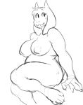  2023 anthro biped boss_monster bovid breasts caprine chubby_anthro chubby_female claws digital_media_(artwork) female finger_claws floppy_ears guoh horn mammal monochrome nipples nude open_mouth open_smile paws sitting sketch smile solo toriel undertale undertale_(series) 