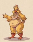  2022 anthro arm_tuft avian bare_breasts beak belly belly_overhang belly_tuft bib big_belly bird brown_body brown_feathers chest_tuft chica_(fnaf) chicken claws clothing dark_nipples deep_navel digital_drawing_(artwork) digital_media_(artwork) elbow_tuft feather_hands feather_tuft feathers female five_nights_at_freddy&#039;s full-length_portrait galliform gallus_(genus) head_tuft heel_claw hip_tuft lighter_belly love_handles navel nipples open_beak open_mouth orange_beak orange_legs overweight overweight_female phasianid pink_clothing pink_nipples pink_underwear portrait pupils purple_eyes scottgames scuted_legs scutes sharp_teeth shellyochunks signature simple_background spots spotted_body spotted_feathers tan_background teeth thick_thighs tuft underwear white_claws white_pupils white_talons wide_hips yellow_body yellow_feathers 