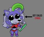  2021 animatronic anthro black_eyes bodily_fluids bottomwear canid canine canis clothing collar digital_media_(artwork) ear_piercing ear_ring eyebrows facial_markings fangs female five_nights_at_freddy&#039;s five_nights_at_freddy&#039;s:_security_breach green_highlights grey_background grey_hair hair head_markings hi_res highlights_(coloring) lipstick machine makeup mammal markings piercing purple_body purple_lipstick red_bottomwear red_clothing red_topwear ring_piercing robot roxanne_wolf_(fnaf) sad saltynoodles scottgames simple_background solo studded_collar tears teeth text topwear wolf 