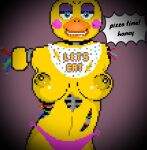  2023 animatronic anthro avian bird breasts chicken clothing dialogue digital_media_(artwork) exclamation_point female five_nights_at_freddy&#039;s five_nights_at_freddy&#039;s_2 galliform gallus_(genus) machine nipples phasianid pixel_(artwork) robot scottgames sexy_eyes solo text thong toy_chica_(fnaf) underwear 