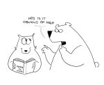  ambiguous_gender anthro bear book canid canine canis dialogue duo english_text female gesture holding_object looking_at_another mammal monochrome pointing reading text twist_(twistcmyk) twistcmyk wolf 