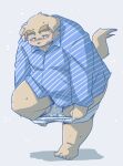  2023 anthro blush bodily_fluids canid canine canis clothing cum domestic_dog genital_fluids kemono male mammal overweight overweight_male shirt solo takagi_kyou topwear underwear undressing 
