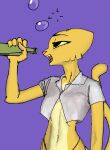  alcohol anthro bethesda_softworks beverage bubble clothing drunk drunk_bubble felid female fur hi_res katia_managan khajiit mammal prequel_adventure question_mark shirt smile solo substance_intoxication the_elder_scrolls thong topwear underwear webcomic yellow_body yellow_fur 