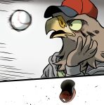  accipitrid accipitriform anthro avian ball baseball_(ball) beak bird brown_body brown_feathers clothed clothing eagle feathers hat headgear headwear male shurueder solo surprised_expression 