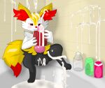  animal_genitalia animal_penis anthro balls bathroom black_body blush bodily_fluids bottle braixen canine_genitalia canine_penis container cum cum_on_penis cum_on_wall cumshot ejaculation excessive_cum excessive_genital_fluids generation_6_pokemon genital_fluids genitals hi_res holding_object lewdkitten069 male masturbation nintendo penetrable_sex_toy penile penile_masturbation penis pokemon pokemon_(species) red_eyes sex_toy solo yellow_body 