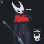  1:1 abs anthro arthropod asian_clothing big_breasts black_eyes blush bodily_fluids breasts clothing dark_body dialogue duo east_asian_clothing english_text female gesture grey_background grey_body hi_res holding_object holding_weapon hollow_knight hornet_(hollow_knight) insect japanese_clothing maebari male mitiz-art navel nipple_outline oblivious protagonist_(hollow_knight) red_clothing red_topwear simple_background suggestive suggestive_gesture sweat sweatdrop team_cherry text thick_thighs topwear under_boob weapon white_body wide_hips 