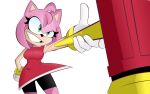  5_fingers amy_rose anthro biped breasts clothing dress eulipotyphlan eyelashes female fingers green_eyes grin hair hammer hand_on_hip hedgehog hi_res mammal piko_piko_hammer pink_body pink_hair portrait red_clothing red_dress sega small_breasts smile solo sonic_the_hedgehog_(series) thecakeee three-quarter_portrait tools 