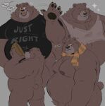  2023 anthro bear belly big_belly brown_body butt clothing dialogue dreamworks english_text hi_res humanoid_hands male mammal mature_male moobs multiple_poses nipples overweight overweight_male papa_bear_(puss_in_boots) pose puss_in_boots_(film) puss_in_boots_the_last_wish scar scarf shirt solo splashburr text text_on_clothing text_on_shirt text_on_topwear topwear 