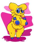  4_eyes alpha_channel anthro arachnid areola arthropod big_breasts black_eyes blue_areola blue_nipples blue_sclera breasts eyelashes female fur generation_5_pokemon genitals hi_res huge_breasts joltik junkbag looking_at_viewer multi_eye navel nintendo nipples overweight overweight_female pink_background pokemon pokemon_(species) pussy short_stack simple_background solo thick_thighs transparent_background wide_hips yellow_body yellow_fur 