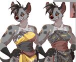  2022 anthro anthrofied bakuatsukiyu black_hair clothed clothing disney duo female female_focus fur grey_body grey_fur grin hair hands_on_hips herpestid hyena inner_ear_fluff male mammal meerkat mohawk muscular muscular_female nervous redraw reference_image shenzi smile solo_focus spotted_hyena the_lion_king timon tuft 