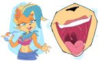  2023 activision anthro bandicoot beverage blue_eyes crash_bandicoot_(series) female gaping_mouth hair lecigzz lipstick makeup mammal marsupial midriff mouth_shot multicolored_hair navel open_mouth pirate_tawna solo tongue tongue_out uvula 