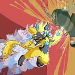  1:1 anthro blue_eyes boxing boxing_bag demon3sigma generation_7_pokemon hi_res legendary_pokemon male nintendo paws pokemon pokemon_(species) punch punching_bag solo sport training yellow_body zeraora 