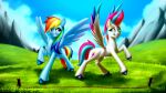 16:9 blue_body blue_eyes blue_feathers cutie_mark day digital_media_(artwork) duo equid equine feathers female feral fetlocks friendship_is_magic grass grin hair hasbro hi_res hooves izalith_itxi leg_tuft looking_at_another mammal mlp_g5 mountain multicolored_body multicolored_feathers multicolored_hair multicolored_tail multicolored_wings my_little_pony outside pegasus pink_body pink_eyes pink_feathers plant purple_body purple_feathers rainbow_dash_(mlp) rainbow_hair rainbow_tail signature smile spread_wings tail tuft white_body white_feathers widescreen wings zipp_storm_(mlp) 