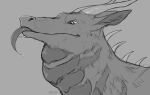  ambiguous_gender artist_name blep bodily_fluids cheek_tuft dragon drooling facial_tuft feral fur furred_dragon glistening glistening_eyes hi_res horn monochrome neck_bulge neck_spikes neck_tuft pupils roobin saliva saliva_string side_view slit_pupils solo tongue tongue_out tuft 