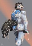  2023 anthro black_body black_fur black_nose black_tail blep blue_clothing blue_eyes blue_latex blue_suit bodily_fluids butt cheek_tuft clothed clothing cum cum_on_arm cum_on_back cum_on_face cum_on_leg cum_on_tail cum_on_tongue dated facial_tuft famir_(artist) fur genital_fluids head_tuft hi_res holding_object looking_at_viewer looking_back looking_back_at_viewer male muscular muscular_male pupils rear_view red_tongue rubber rubber_clothing rubber_suit signature simple_background solo standing star_pupils suit tail tongue tongue_out tuft whiskers white_clothing white_latex white_suit yellow_pupils 