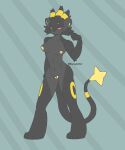 5:6 absurd_res anthro black_body black_fur breasts eeveelution female fur fusion generation_2_pokemon generation_4_pokemon genitals hi_res long_legs long_tail luxray markings nintendo nipples pokemon pokemon_(species) pokemon_fusion pussy royroybutter small_waist solo tail toony umbreon wide_hips yellow_markings 