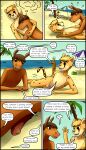  4:7 absurd_res anthro beach casual_nudity cheetah comic confusedraven cuddling dialogue duo english_text equid equine erection felid feline genitals hi_res horse male male/male mammal nudist penis penis_tip public seaside teenager text young 
