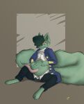  absurd_res anthro belly clothing fur green_body green_fur green_hair green_wolf hair hi_res king male pregnant pregnant_male royalty sitting solo solo_focus tafy tafy_tail tail tail_mouth tongue uniform unusual_anatomy unusual_tail yellow_eyes 
