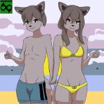  1:1 4_fingers 8-bit anthro artist_logo artist_name awooboros bikini bikini_bottom bikini_top brother canid canine clothing digital_media_(artwork) felid feline female fingers fur green_eyes grey_body grey_fur grey_hair hair hand_holding horizon hybrid logo male mammal pixel pixel_(artwork) sea sibling signature sister sky swimwear twins water yellow_bikini_bottom yellow_bikini_top yellow_clothing yellow_swimwear 