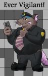  2022 anthro belly big_belly bottomwear brok_the_investigator brown_body clothing guard_(brok_the_investigator) hat headgear headwear hi_res male mammal murid murine necktie newspaper overweight overweight_male pants rat rodent shirt solo tongue tongue_out topwear yikesaroni 