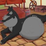  artist_name belly big_belly black_nose full-length_portrait grey_body hi_res huge_belly hyper hyper_belly lying male male_pred motion_lines mouth_closed navel on_front outside portrait red_body roobin side_view solo sound_effects species_request taur 