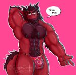  abs anthro beard black_body body_hair bulge chest_hair crayon_cursed detailed_bulge dragon facial_hair food fruit hair hi_res horn jugger_(character) juggermelon male melon muscular muscular_anthro muscular_male pecs plant red_body scales shaded simple_background simple_coloring simple_shading solo toony watermelon 