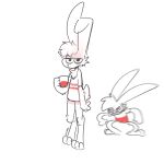  1:1 absurd_res anthro bottomless bottomless_anthro bottomless_male cheek_tuft chest_tuft clothed clothing coffee_mug duo facial_tuft fur grumpy grumpy_face hair half-closed_eyes hi_res humor lagomorph leporid male mammal messy_hair narrowed_eyes polish_flag rabbit shirt simple_background t-shirt the_xing1 topwear tuft white_background white_body white_fur 