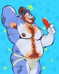  absurd_res anthro bodily_fluids bovid bulge caprine clothing dessert food hi_res ice_cream jockstrap male mammal musclegut musk shaod_(character) solo spazz_bear sweat underwear 