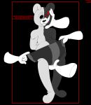  absurd_res adultpartypunch ambiguous_gender anthro clothing danganronpa digital_media_(artwork) english_text glistening glistening_body glistening_clothing hi_res high_waisted_bottomwear humanoid humiliation imminent_rape male monokuma multicolored_body null null_bulge panties plushie plushophilia simple_background solo split_color text underwear 