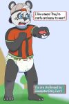  2:3 anthro bear black_and_white_fur blue_eyes claws clothed clothing diaper fennecat_(artist) generation_3_pokemon giant_panda hat headgear headwear hi_res male mammal nintendo pokeball pokemon pokemon_(species) shirt solo t-shirt text text_box topwear treecko watermark wearing_diaper young 