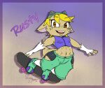  abstract_background beanie blonde_hair bottomwear bovid caprine clothing crop_top exposed_thighs female goat hair hat headgear headwear hi_res horn mammal mid_air navel open_mouth open_smile shirt shorts skateboard skateboarding sleeveless_shirt smile sonomatic spats tomboy topwear zipped_shirt 