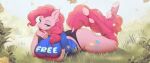  absurd_res anthro anthrofied big_breasts blue_eyes breasts clothing earth_pony equid equine footwear free_hugs friendship_is_magic fur grass hair hasbro hi_res horse knee_highs knee_socks legwear lying mammal mashiro_sssinohu meme my_little_pony on_front panties pink_body pink_fur pink_hair pinkie_pie_(mlp) plant pony socks solo tree underwear 