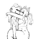  anthro broofdoggie canid canine canis domestic_dog don female female/female hi_res holding_(disambiguation) hybrid iyel kissing leaning_on_wall love male male/male mammal monochrome ponytails young_love 