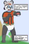  2:3 anthro bear black_and_white_fur blue_eyes claws clothed clothing diaper english_text fennecat_(artist) generation_3_pokemon giant_panda hat headgear headwear hi_res male mammal nintendo pokeball pokemon pokemon_(species) shirt solo t-shirt text topwear treecko watermark wearing_diaper young 